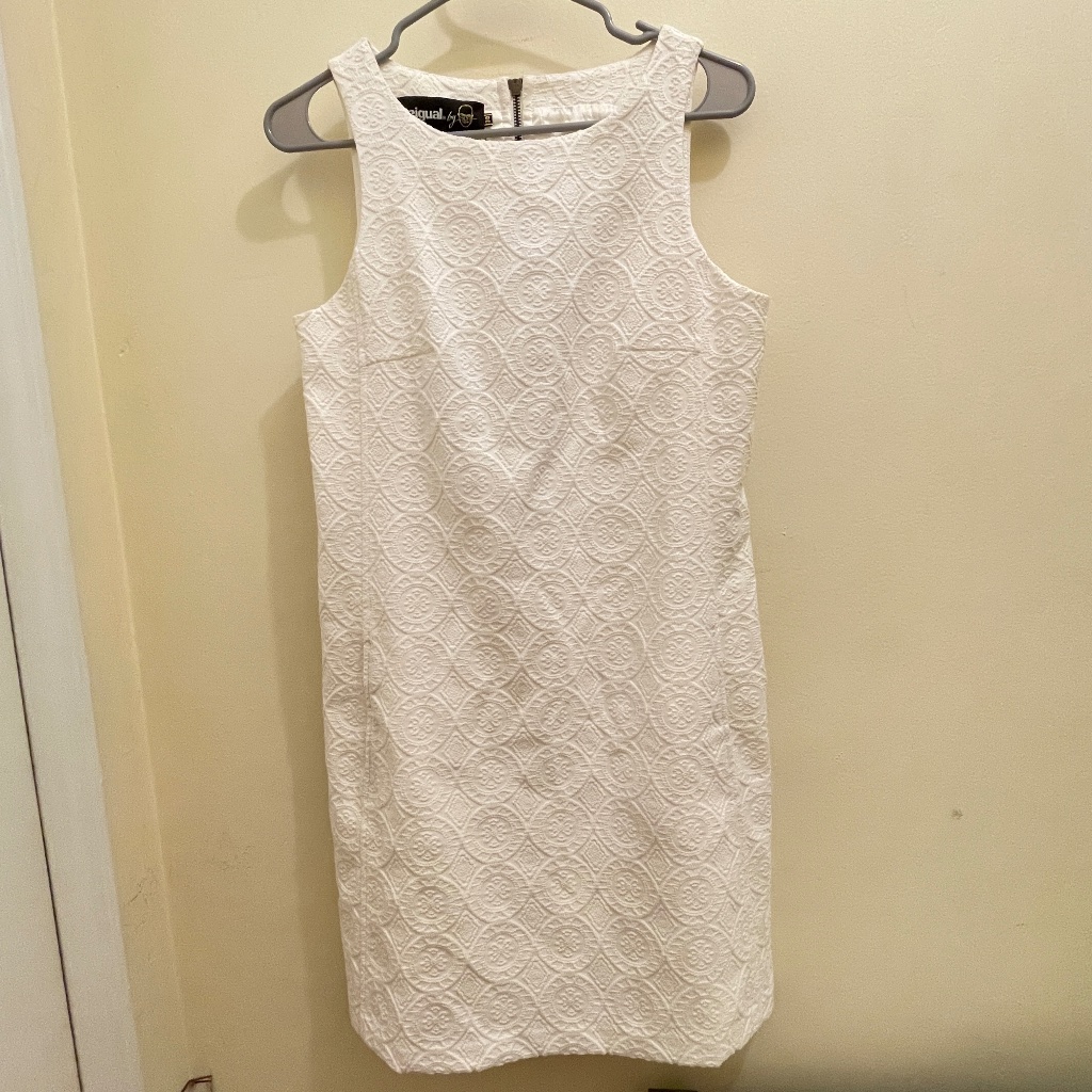 Desigual Shift Dress, Made In Spain, White, Embossed Fabric, Eu 38, Us Size 6